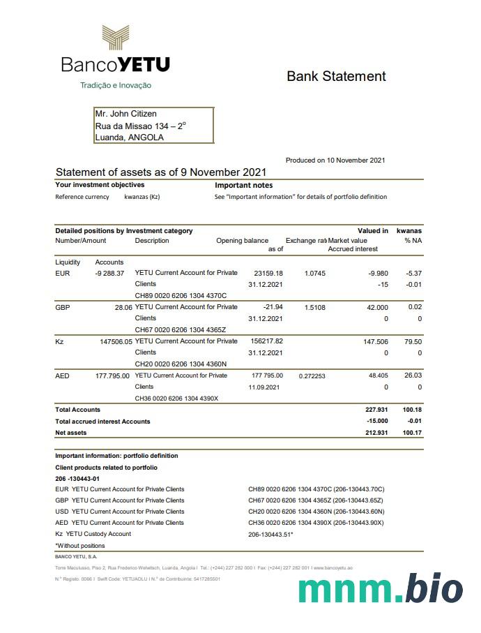 Szablon wyciągu bankowego Angola Banco Ecenomico w programie Word i PDF